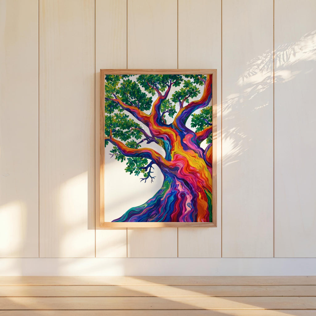 Rainbow Tree Art, Colorful Abstract Japanese Pine Tree Poster, Contemporary Nature Print, Bold Eclectic Maximalist Decor, Trippy Wall Art