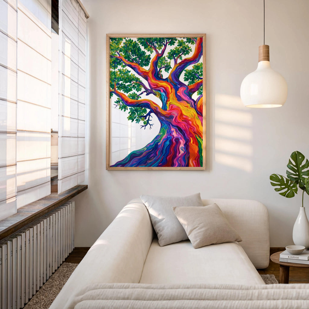 Rainbow Tree Art, Colorful Abstract Japanese Pine Tree Poster, Contemporary Nature Print, Bold Eclectic Maximalist Decor, Trippy Wall Art