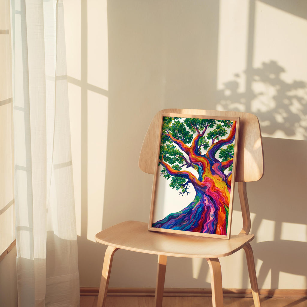 Rainbow Tree Art, Colorful Abstract Japanese Pine Tree Poster, Contemporary Nature Print, Bold Eclectic Maximalist Decor, Trippy Wall Art
