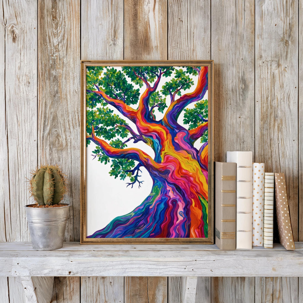 Rainbow Tree Art, Colorful Abstract Japanese Pine Tree Poster, Contemporary Nature Print, Bold Eclectic Maximalist Decor, Trippy Wall Art