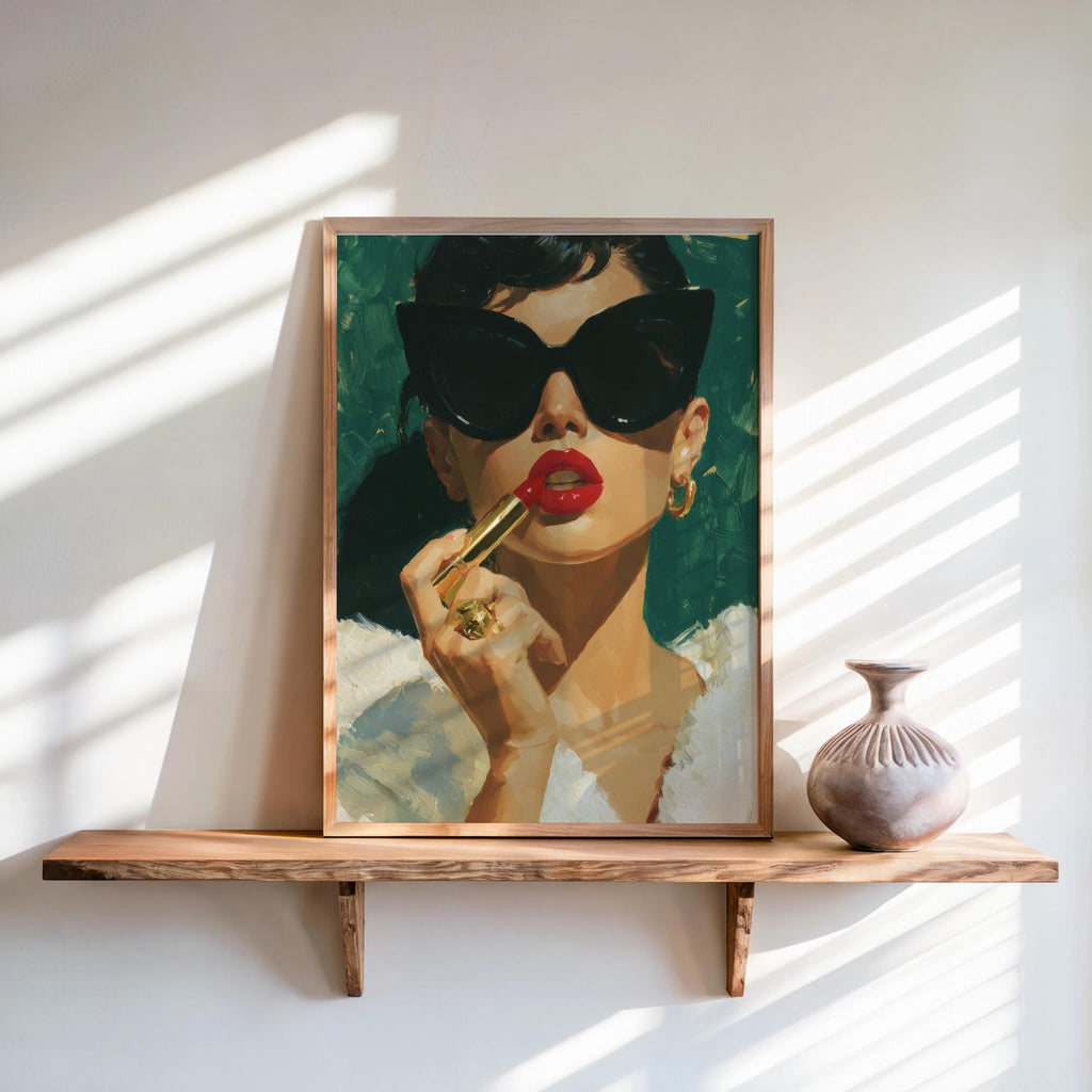 Retro Lipstick Poster, Woman Fashion Print, Vintage Girl & Sunglasses Painting, Dressing Room Wall Art, Fashionista Pop Art, Glam Gift Decor