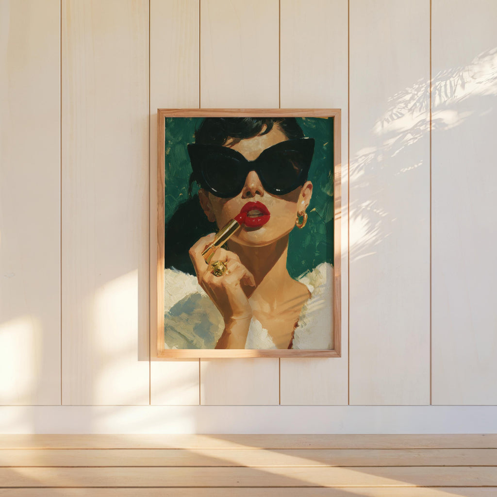 Retro Lipstick Poster, Woman Fashion Print, Vintage Girl & Sunglasses Painting, Dressing Room Wall Art, Fashionista Pop Art, Glam Gift Decor