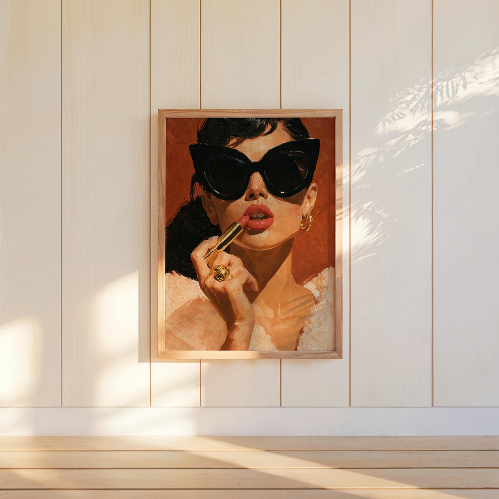 Retro Lipstick Poster, Woman Fashion Print, Vintage Girl & Sunglasses Painting, Dressing Room Wall Art, Fashionista Pop Art, Glam Gift Decor