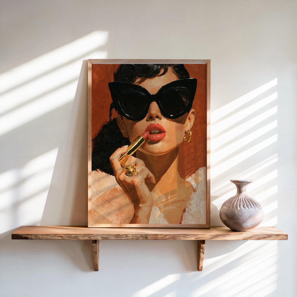Retro Lipstick Poster, Woman Fashion Print, Vintage Girl & Sunglasses Painting, Dressing Room Wall Art, Fashionista Pop Art, Glam Gift Decor