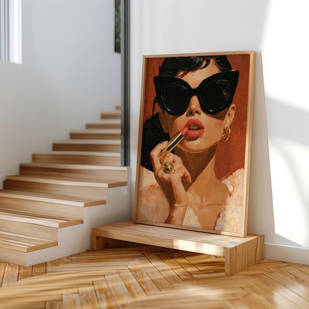 Retro Lipstick Poster, Woman Fashion Print, Vintage Girl & Sunglasses Painting, Dressing Room Wall Art, Fashionista Pop Art, Glam Gift Decor