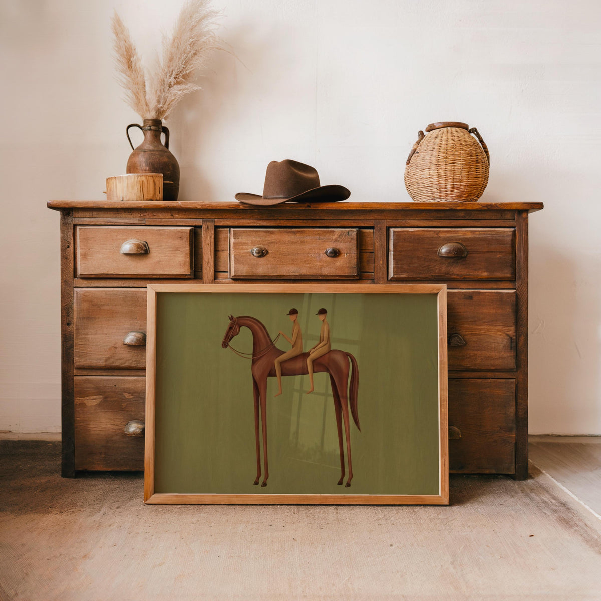 Surreal Horse & Rider Wall Art, Abstract Equestrian Print, Ranch Home Decor Mid Century Vintage Western Poster, Minimal Horizontal Painting