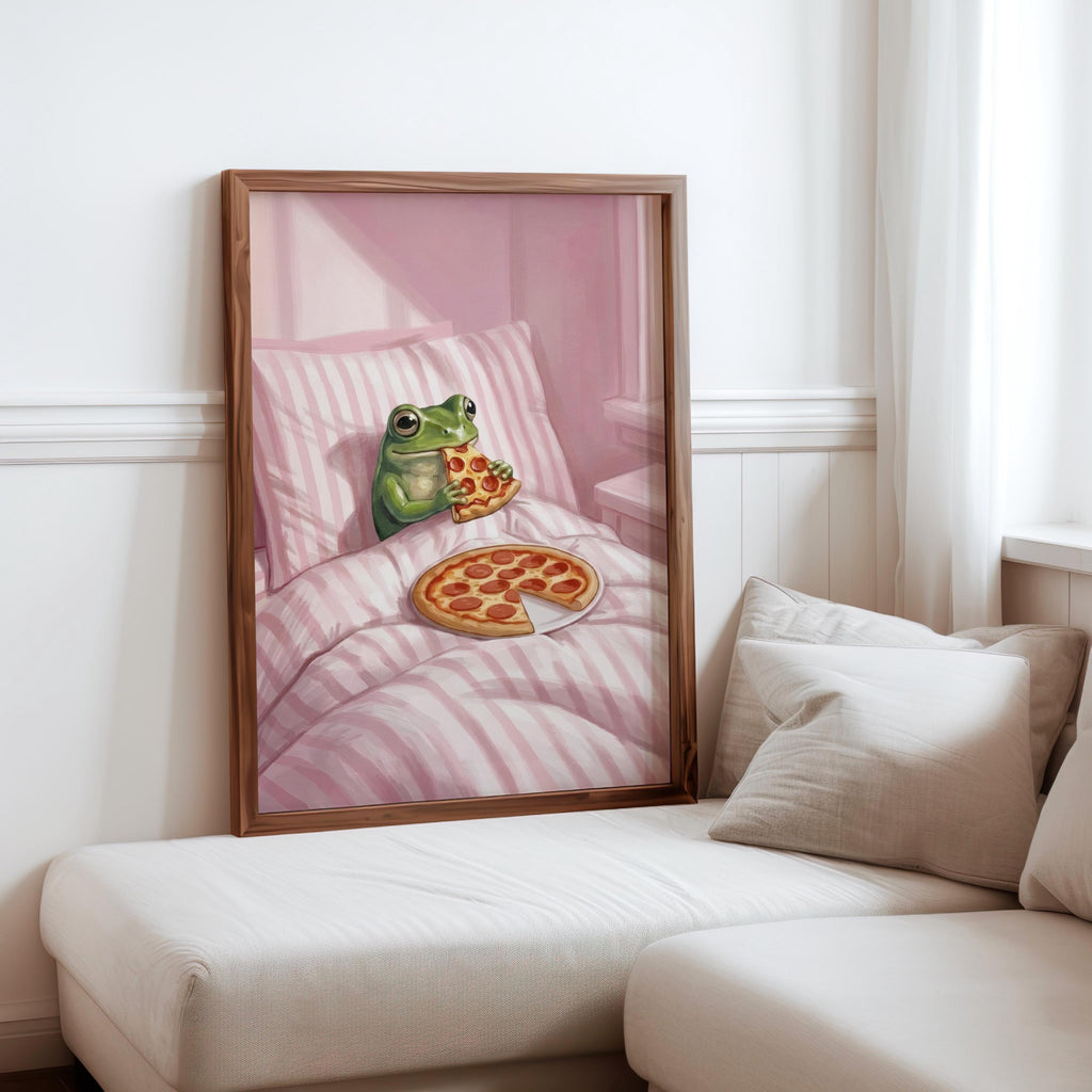 Frog Eating Pizza In Bed Print, Pastel Aesthetic Bedroom Wall Art, Whimsical Animal Illustration, Funny Striped Cottagecore Kitchen Poster