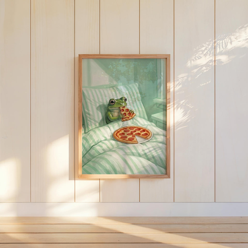 Frog Eating Pizza In Bed Print, Pastel Aesthetic Bedroom Wall Art, Whimsical Animal Illustration, Funny Striped Cottagecore Kitchen Poster