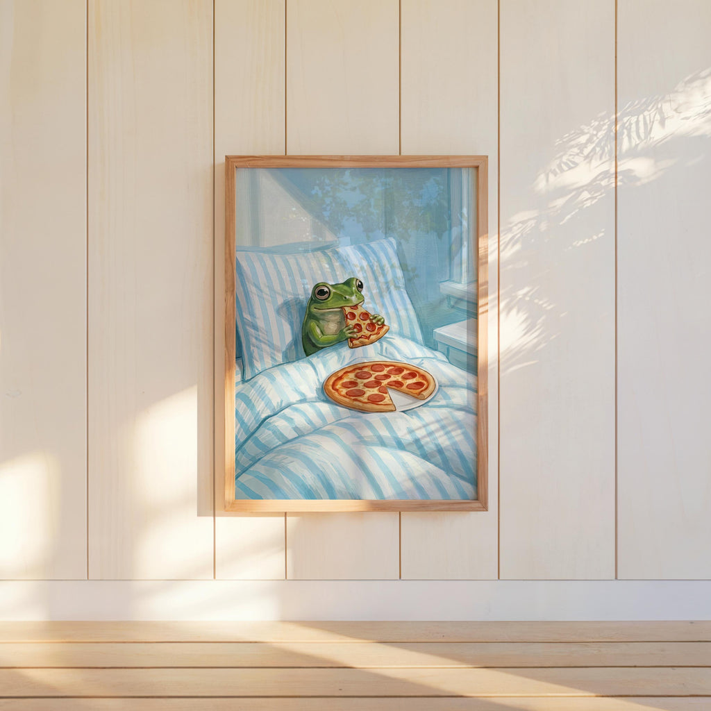 Frog Eating Pizza In Bed Print, Pastel Aesthetic Bedroom Wall Art, Whimsical Animal Illustration, Funny Striped Cottagecore Kitchen Poster