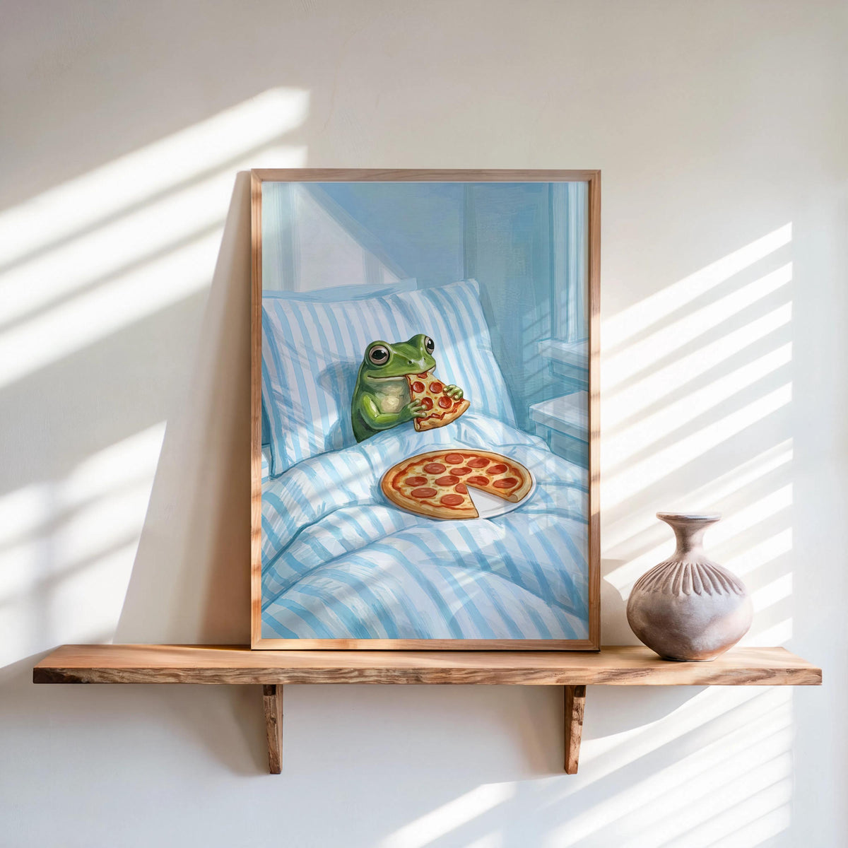 Frog Eating Pizza In Bed Print, Pastel Aesthetic Bedroom Wall Art, Whimsical Animal Illustration, Funny Striped Cottagecore Kitchen Poster