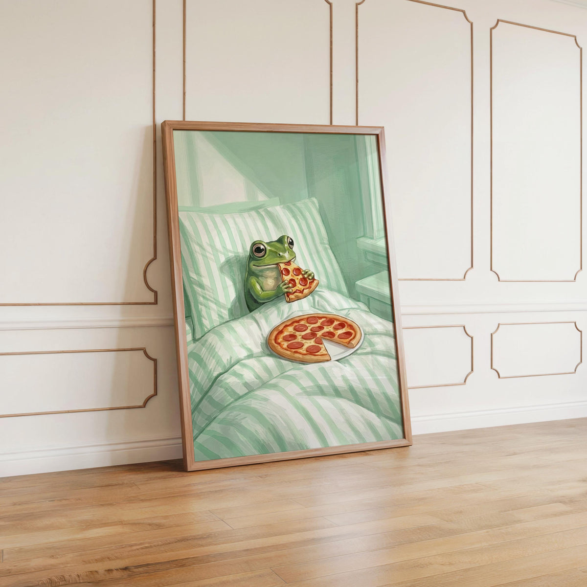 Frog Eating Pizza In Bed Print, Pastel Aesthetic Bedroom Wall Art, Whimsical Animal Illustration, Funny Striped Cottagecore Kitchen Poster