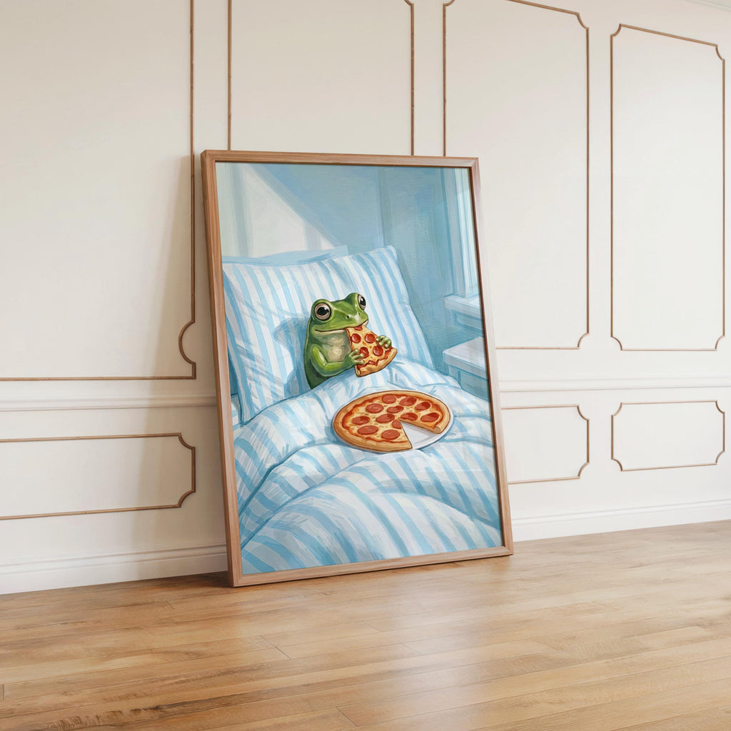Frog Eating Pizza In Bed Print, Pastel Aesthetic Bedroom Wall Art, Whimsical Animal Illustration, Funny Striped Cottagecore Kitchen Poster