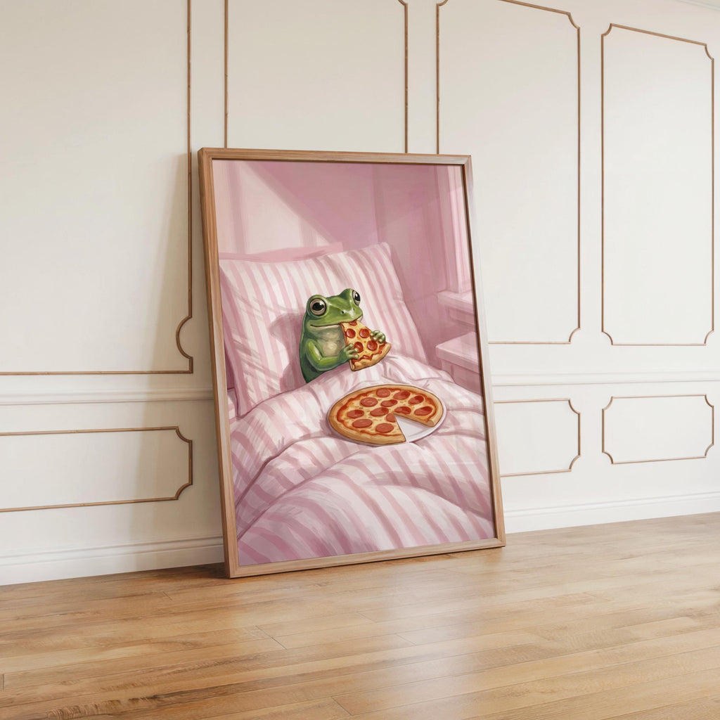 Frog Eating Pizza In Bed Print, Pastel Aesthetic Bedroom Wall Art, Whimsical Animal Illustration, Funny Striped Cottagecore Kitchen Poster