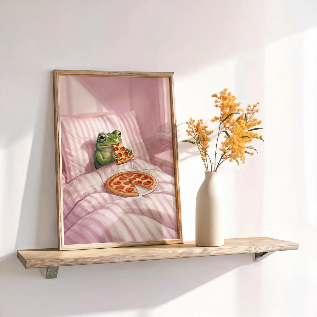 Frog Eating Pizza In Bed Print, Pastel Aesthetic Bedroom Wall Art, Whimsical Animal Illustration, Funny Striped Cottagecore Kitchen Poster