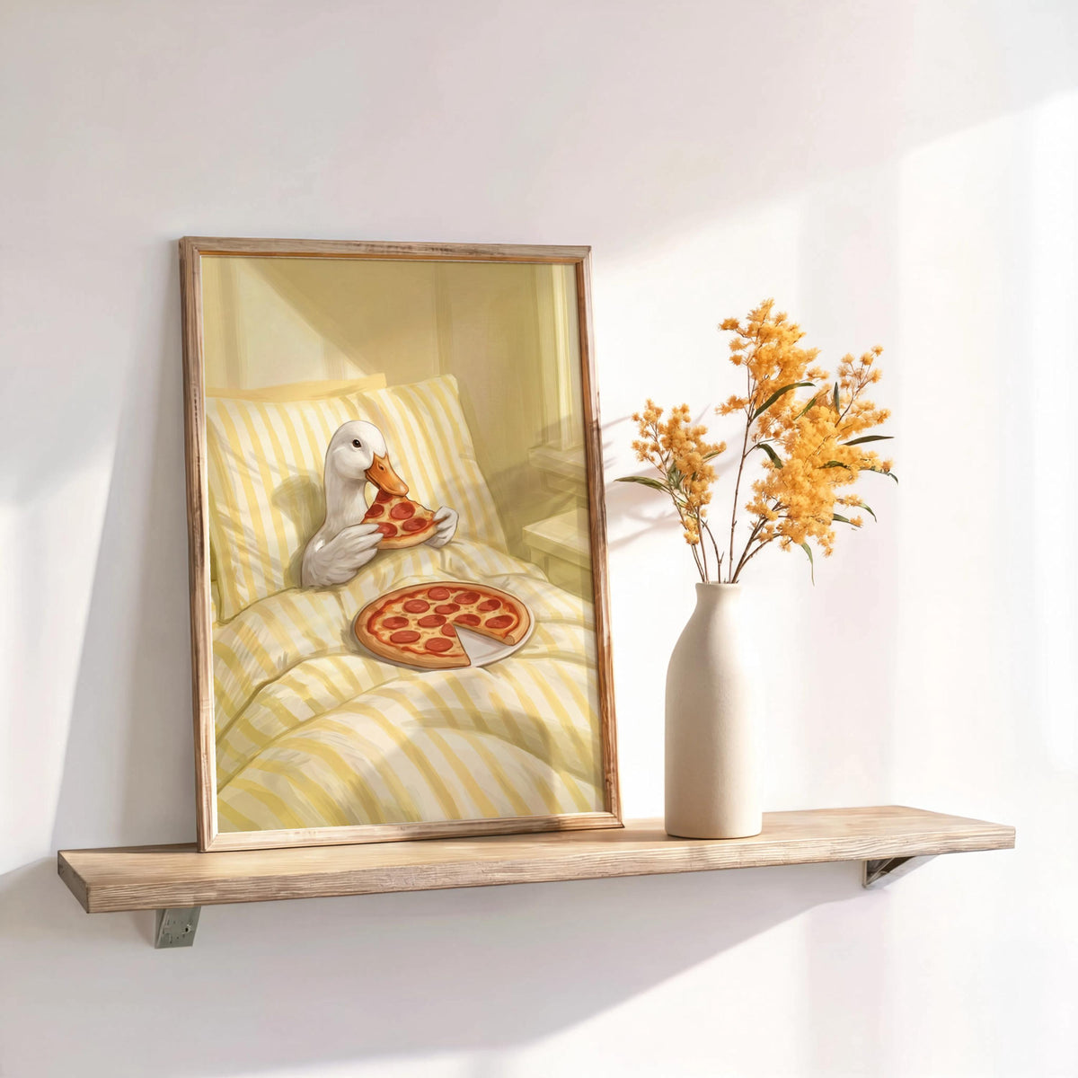 Duck Eating Pizza in Bed Art Print, Funny Bird Bedroom Poster, Whimsical Farm Animal Illustration, Quirky Goose Cottagecore Kitchen Decor