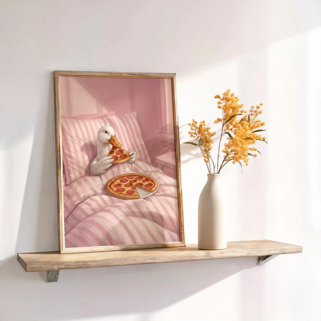 Duck Eating Pizza in Bed Art Print, Funny Bird Bedroom Poster, Whimsical Farm Animal Illustration, Quirky Goose Cottagecore Kitchen Decor