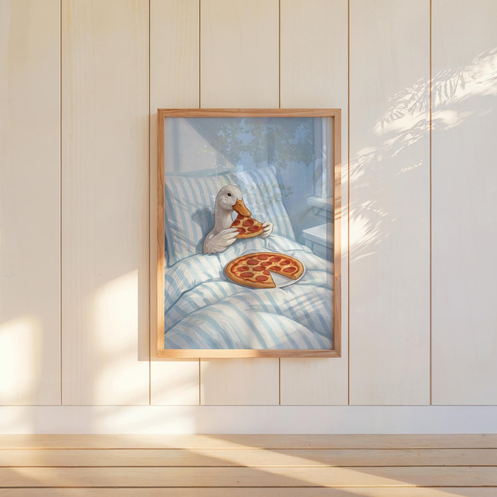 Duck Eating Pizza in Bed Art Print, Funny Bird Bedroom Poster, Whimsical Farm Animal Illustration, Quirky Goose Cottagecore Kitchen Decor