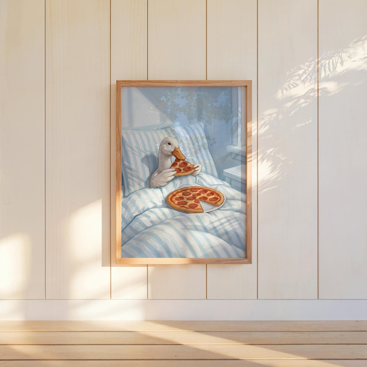 Duck Eating Pizza in Bed Art Print, Funny Bird Bedroom Poster, Whimsical Farm Animal Illustration, Quirky Goose Cottagecore Kitchen Decor