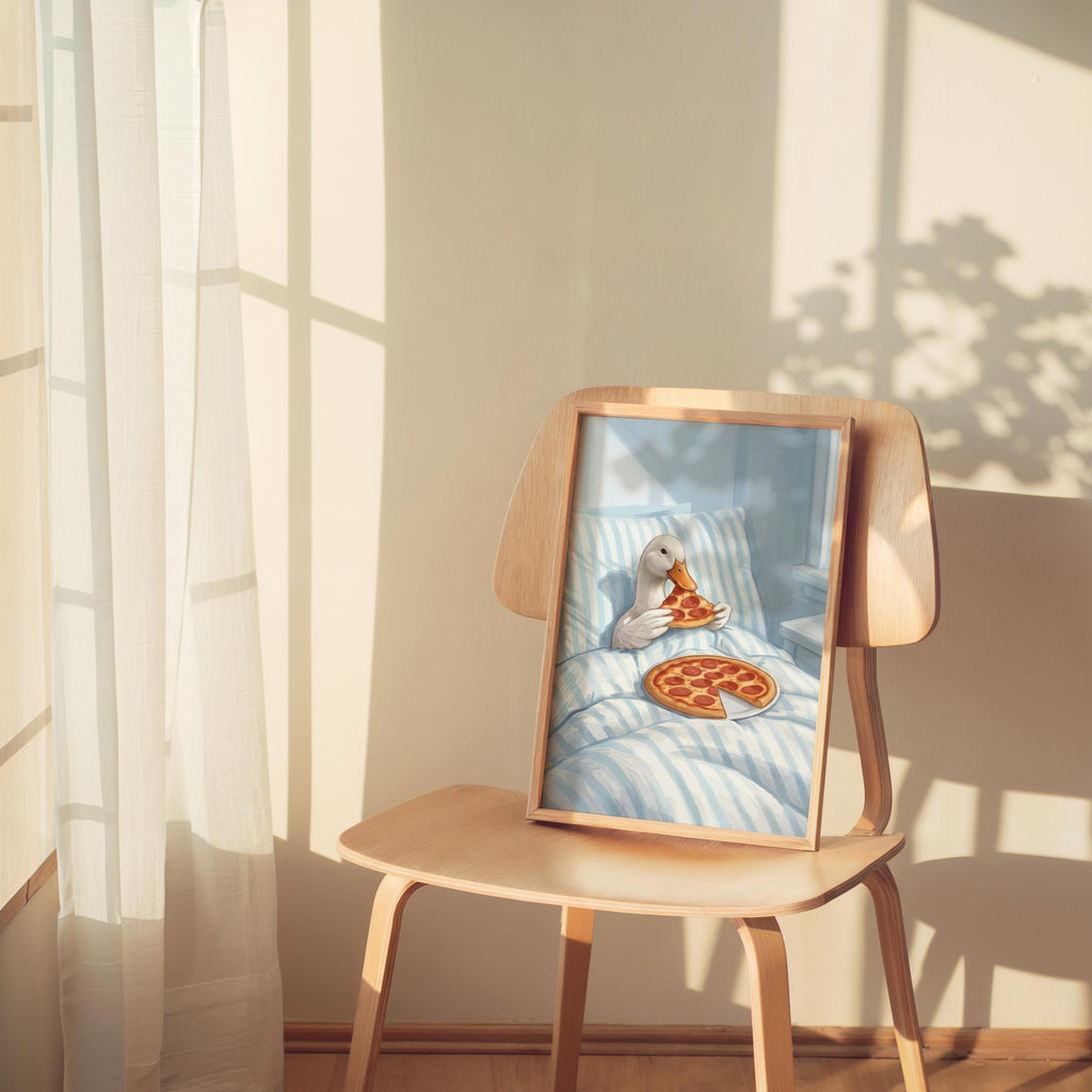 Duck Eating Pizza in Bed Art Print, Funny Bird Bedroom Poster, Whimsical Farm Animal Illustration, Quirky Goose Cottagecore Kitchen Decor