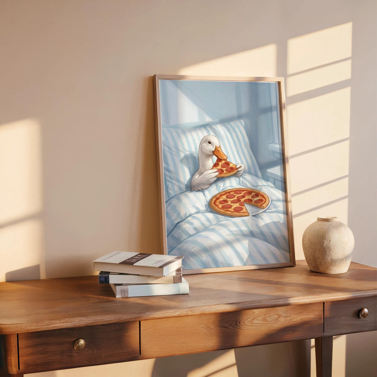 Duck Eating Pizza in Bed Art Print, Funny Bird Bedroom Poster, Whimsical Farm Animal Illustration, Quirky Goose Cottagecore Kitchen Decor
