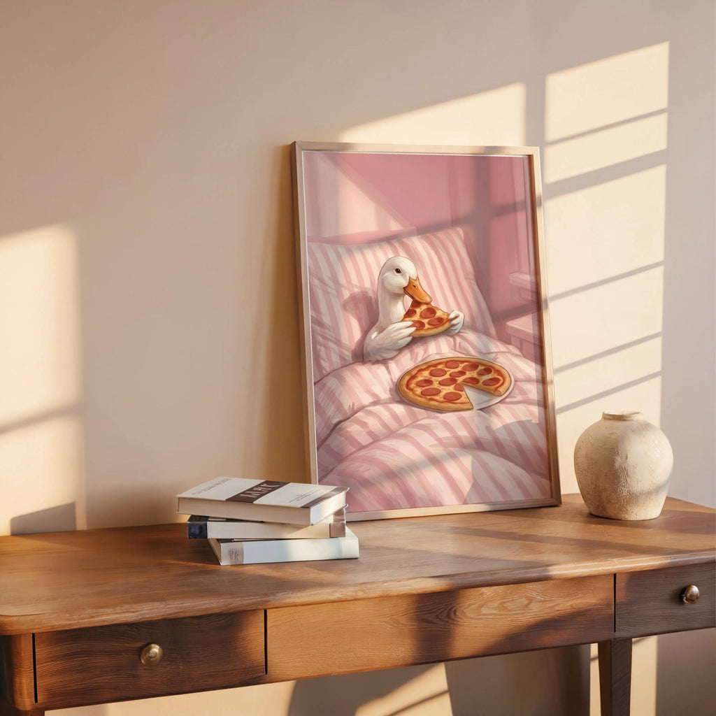 Duck Eating Pizza in Bed Art Print, Funny Bird Bedroom Poster, Whimsical Farm Animal Illustration, Quirky Goose Cottagecore Kitchen Decor