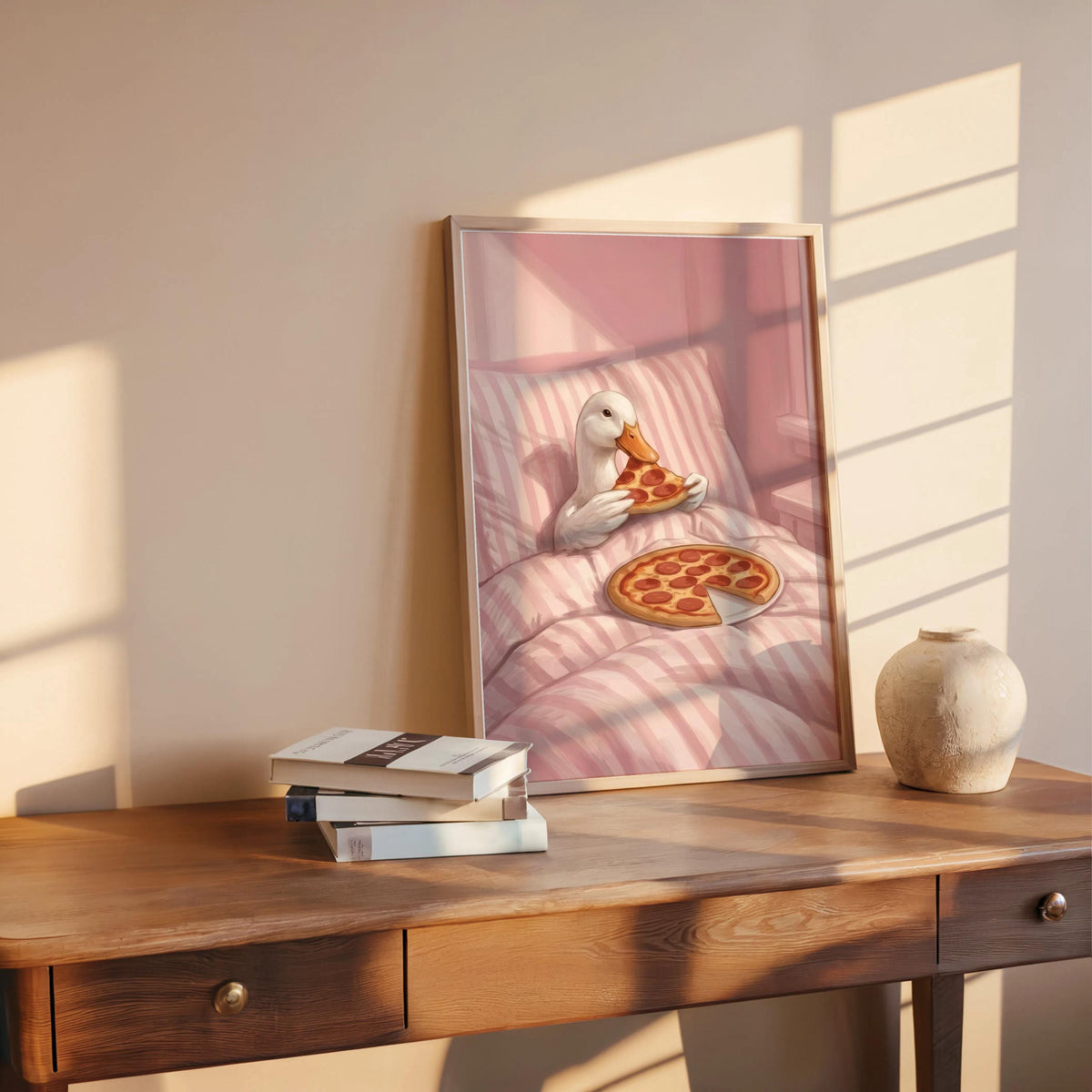Duck Eating Pizza in Bed Art Print, Funny Bird Bedroom Poster, Whimsical Farm Animal Illustration, Quirky Goose Cottagecore Kitchen Decor