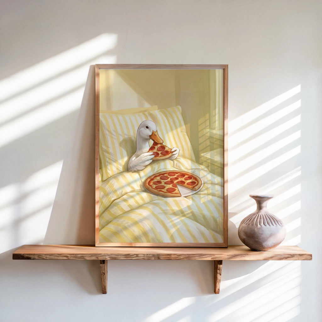 Duck Eating Pizza in Bed Art Print, Funny Bird Bedroom Poster, Whimsical Farm Animal Illustration, Quirky Goose Cottagecore Kitchen Decor