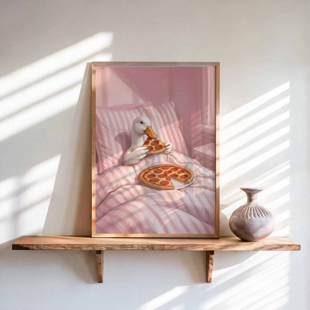 Duck Eating Pizza in Bed Art Print, Funny Bird Bedroom Poster, Whimsical Farm Animal Illustration, Quirky Goose Cottagecore Kitchen Decor