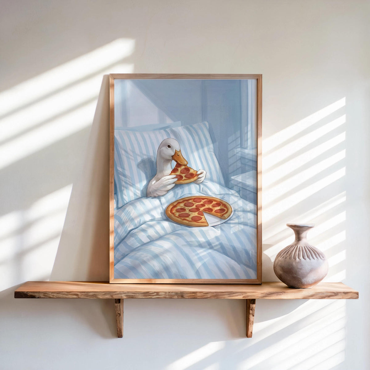 Duck Eating Pizza in Bed Art Print, Funny Bird Bedroom Poster, Whimsical Farm Animal Illustration, Quirky Goose Cottagecore Kitchen Decor