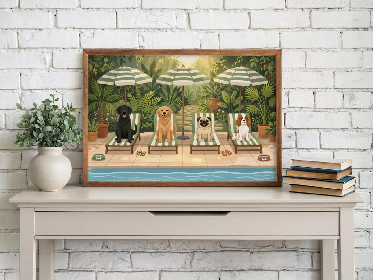 Poolside Dog Wall Art, Funny Dogs on Sun Loungers Print, Retro Tropical Garden Poster, Summer Home Decor, Pet Lover Gift, Dog Mom Gift