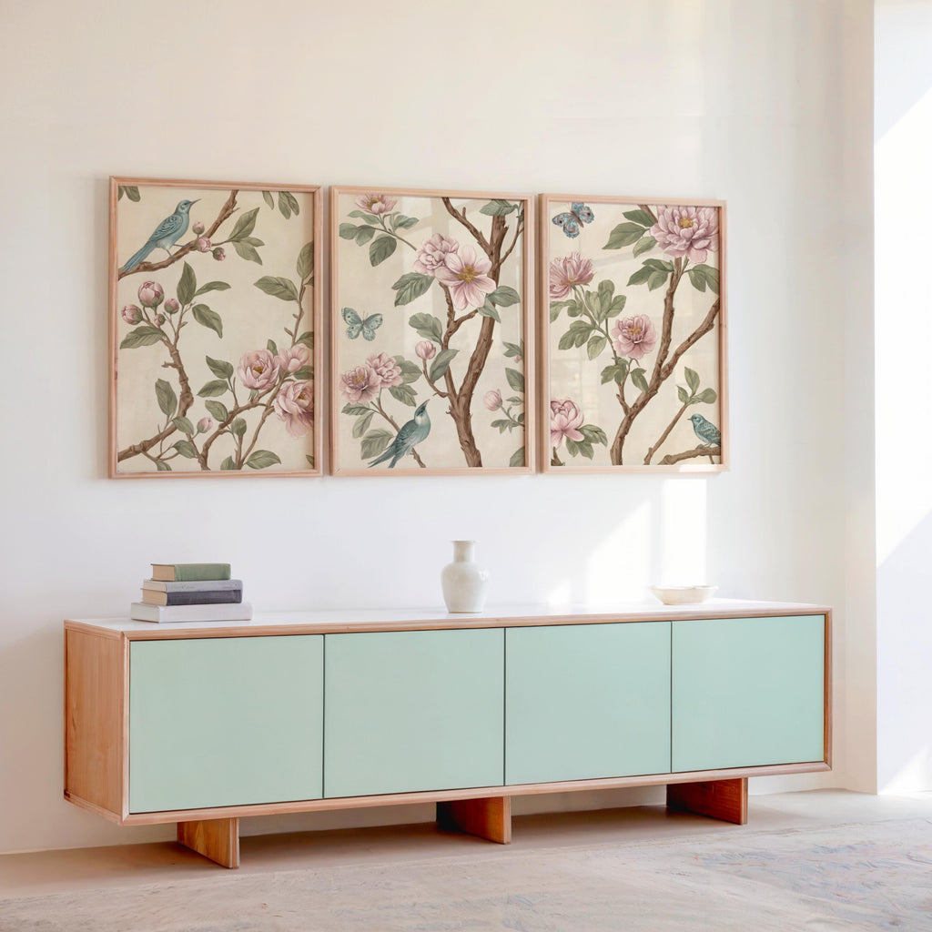 Neutral Chinoiserie Set of 2, Beige Pastel Floral Birds Print, Chinese Wallpaper, Retro Coquette Wall Art, Light Botanical Tapestry Painting