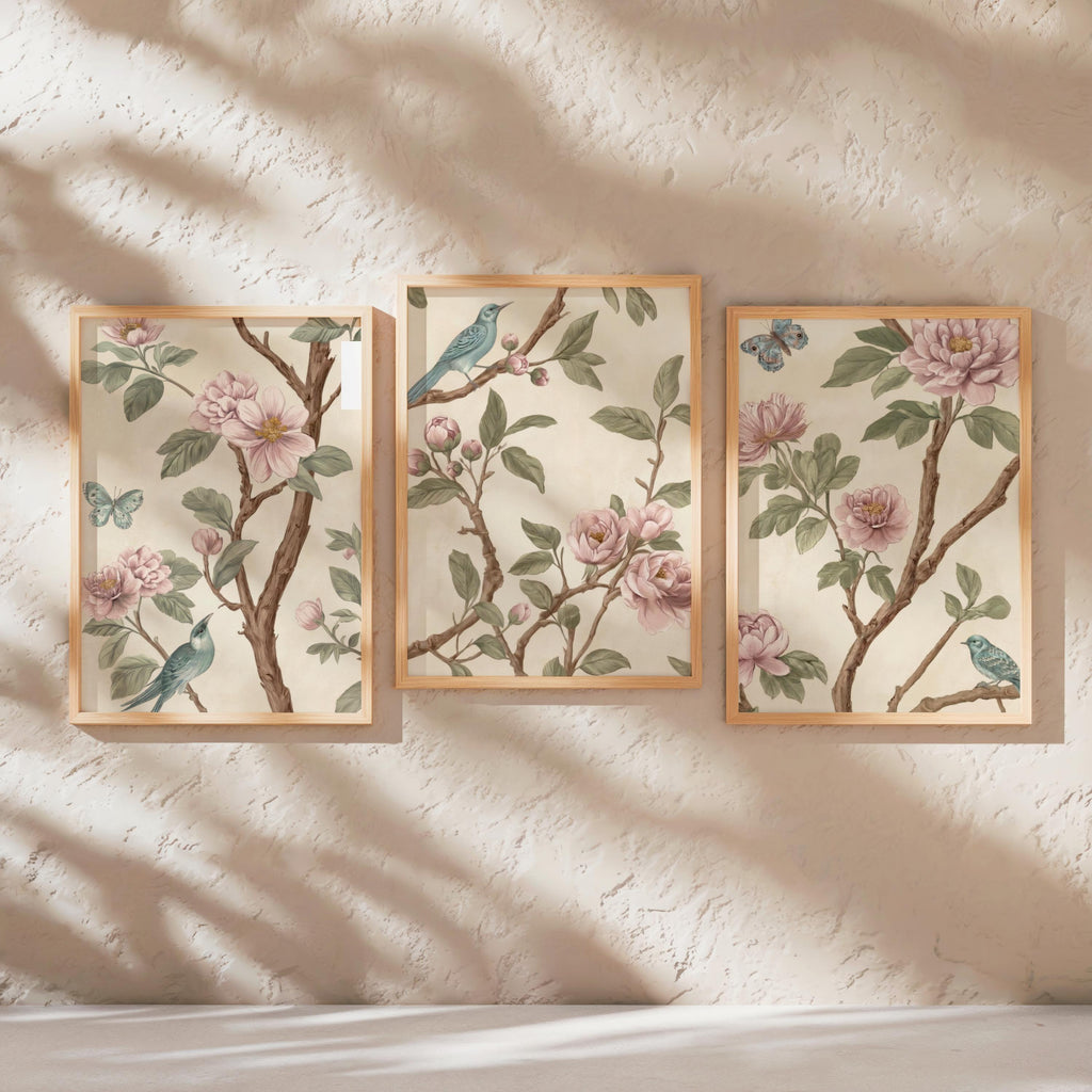 Neutral Chinoiserie Set of 2, Beige Pastel Floral Birds Print, Chinese Wallpaper, Retro Coquette Wall Art, Light Botanical Tapestry Painting