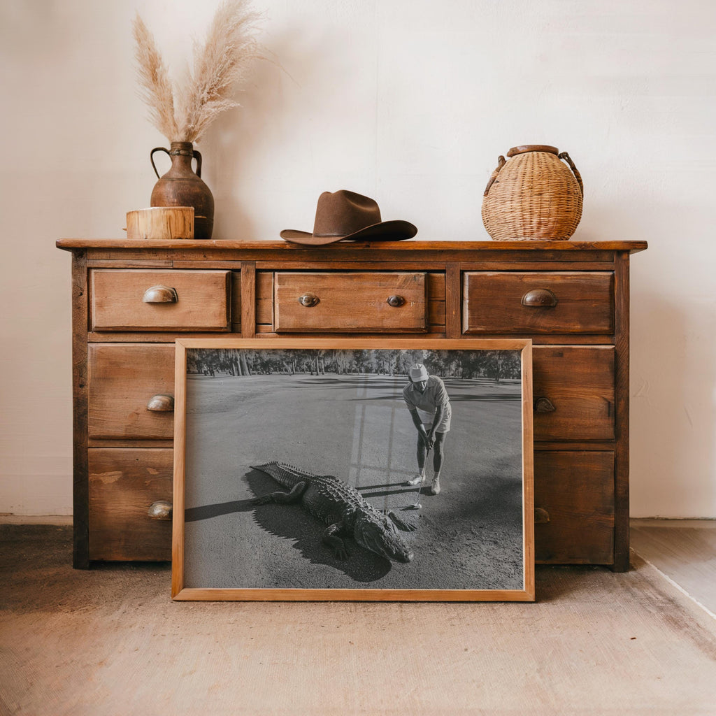 Funny Alligator Golf Wall Art, Vintage Photography Print, Father Sports Gift, Black White Decor, Retro Fairway Poster, Mid Century Photo