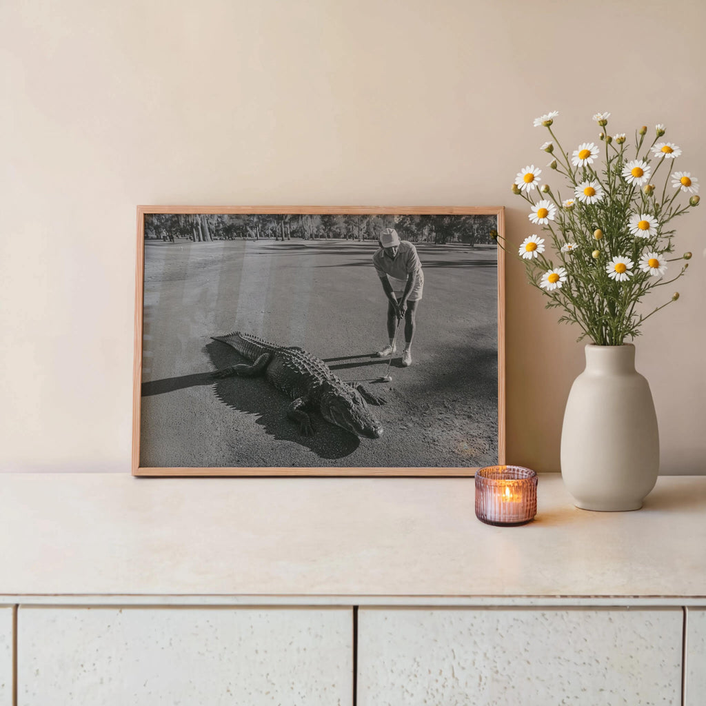 Funny Alligator Golf Wall Art, Vintage Photography Print, Father Sports Gift, Black White Decor, Retro Fairway Poster, Mid Century Photo