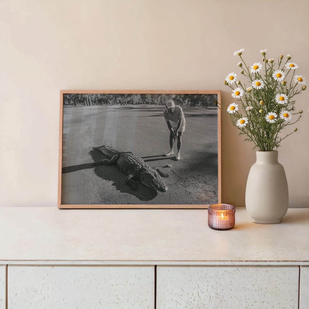 Funny Alligator Golf Wall Art, Vintage Photography Print, Father Sports Gift, Black White Decor, Retro Fairway Poster, Mid Century Photo