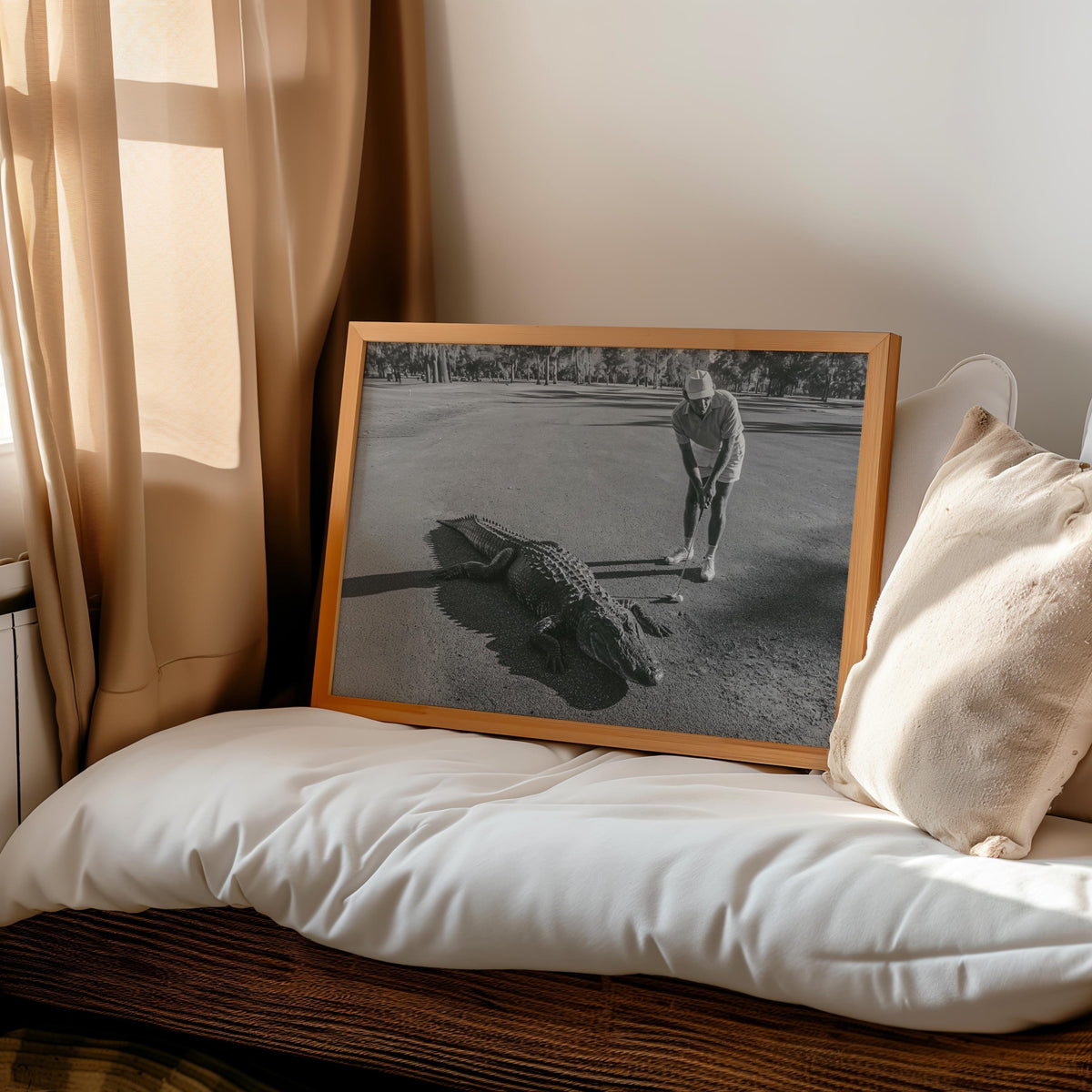 Funny Alligator Golf Wall Art, Vintage Photography Print, Father Sports Gift, Black White Decor, Retro Fairway Poster, Mid Century Photo