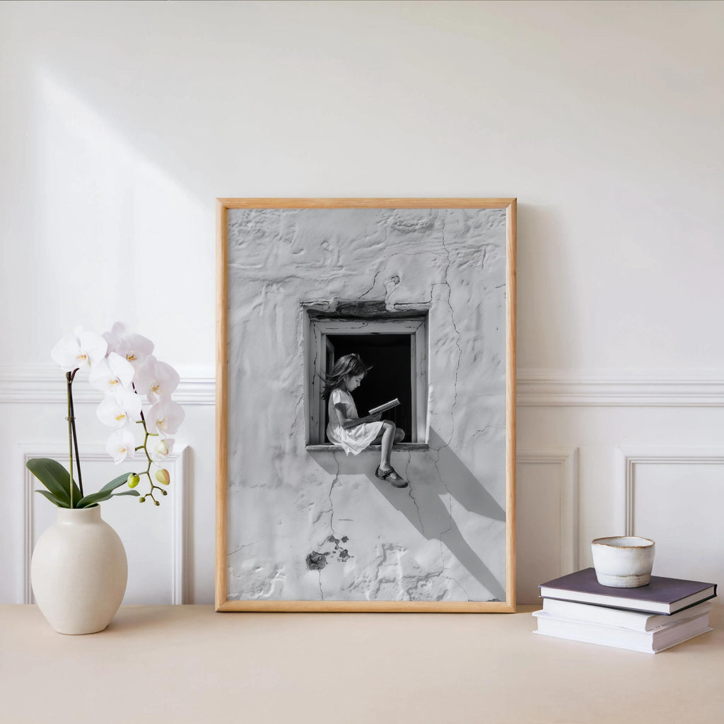 Girl Reading Book in Window Art, Realistic Digital Illustration, Black & White Architectural Print, Minimalist Storytelling Wall Decor