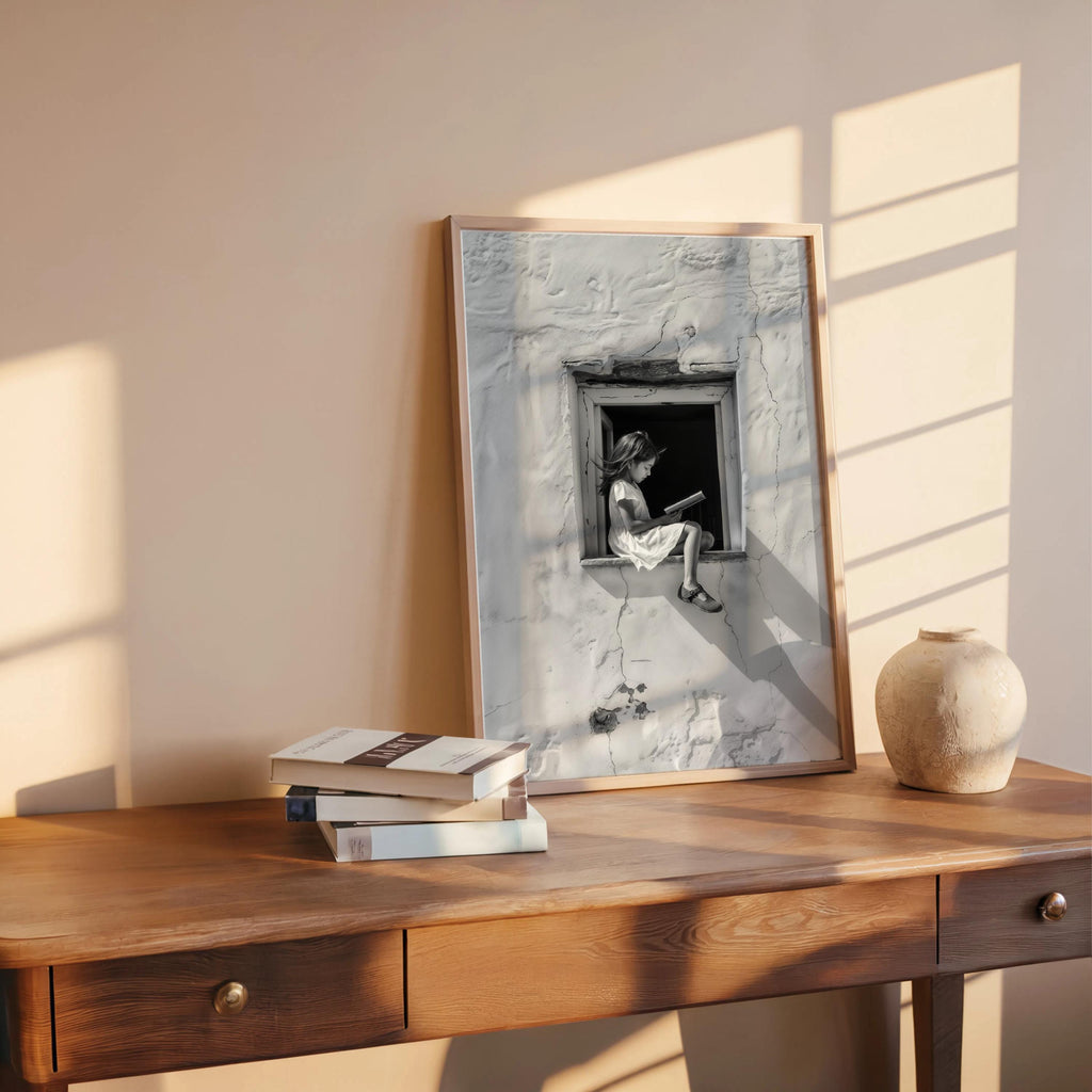 Girl Reading Book in Window Art, Realistic Digital Illustration, Black & White Architectural Print, Minimalist Storytelling Wall Decor