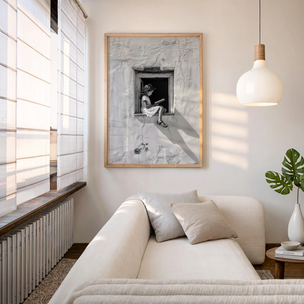 Girl Reading Book in Window Art, Realistic Digital Illustration, Black & White Architectural Print, Minimalist Storytelling Wall Decor