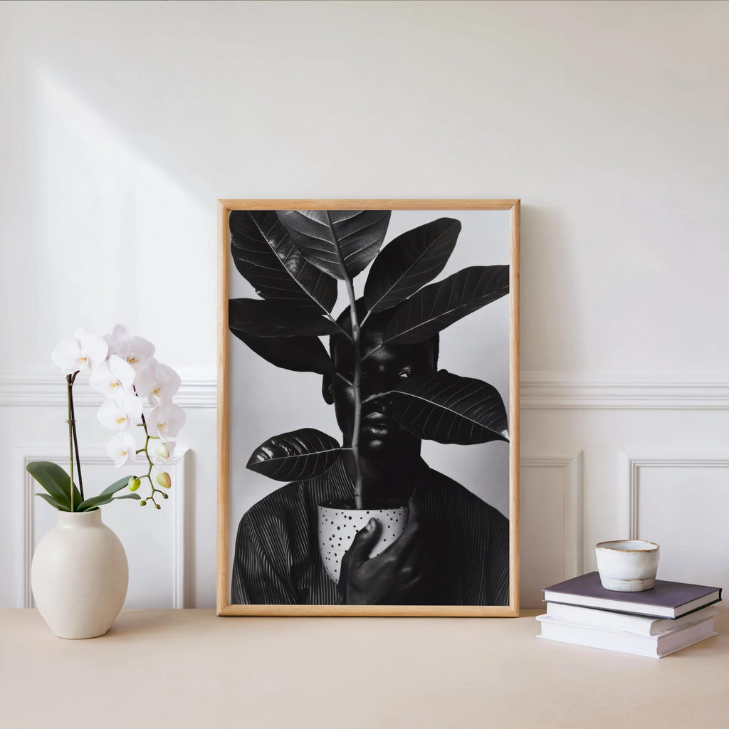 Black Man Plant Wall Art, Afrocentric Botanical Portrait, Black & White Decor, African American Pride, Plant Lover Decor, Realistic Digital