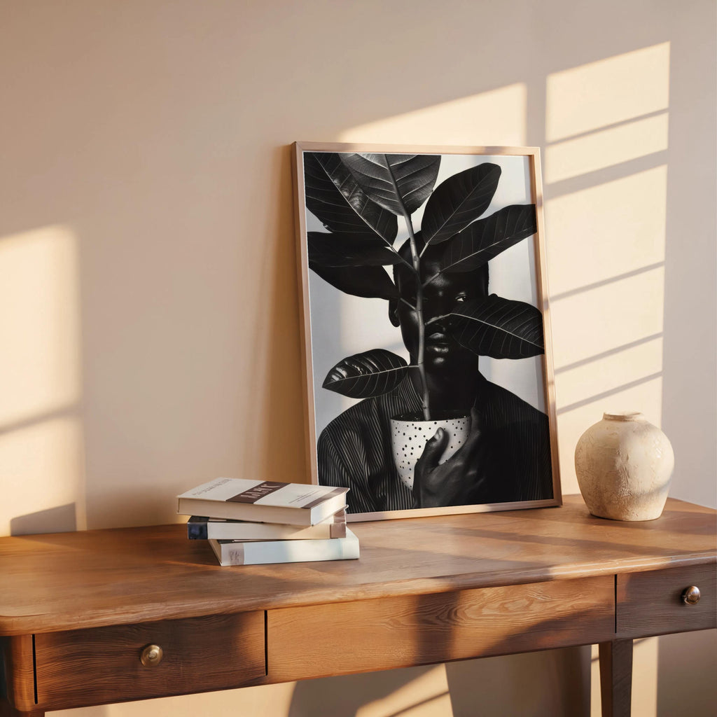 Black Man Plant Wall Art, Afrocentric Botanical Portrait, Black & White Decor, African American Pride, Plant Lover Decor, Realistic Digital