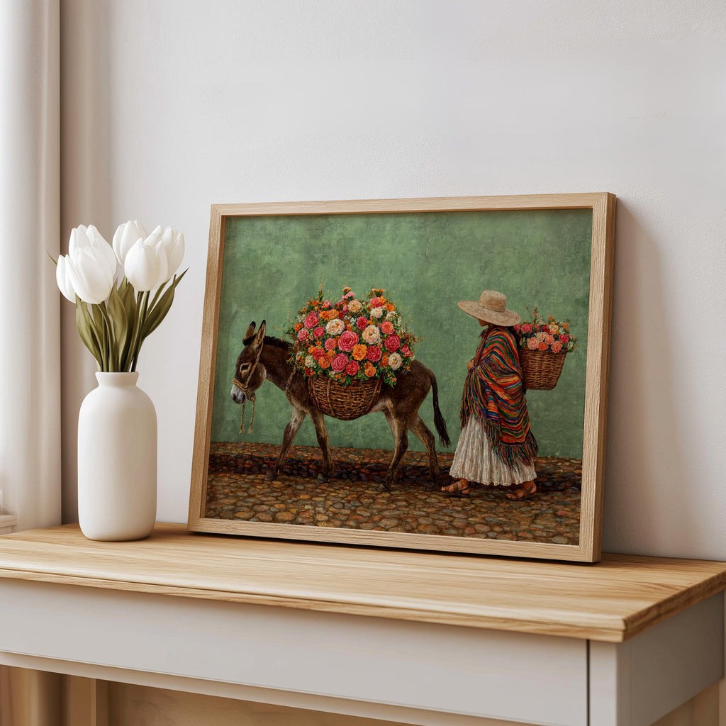 Mexican folk art print leaning on table, green distressed background, overflowing flowers, perfect mexican boho wall decor