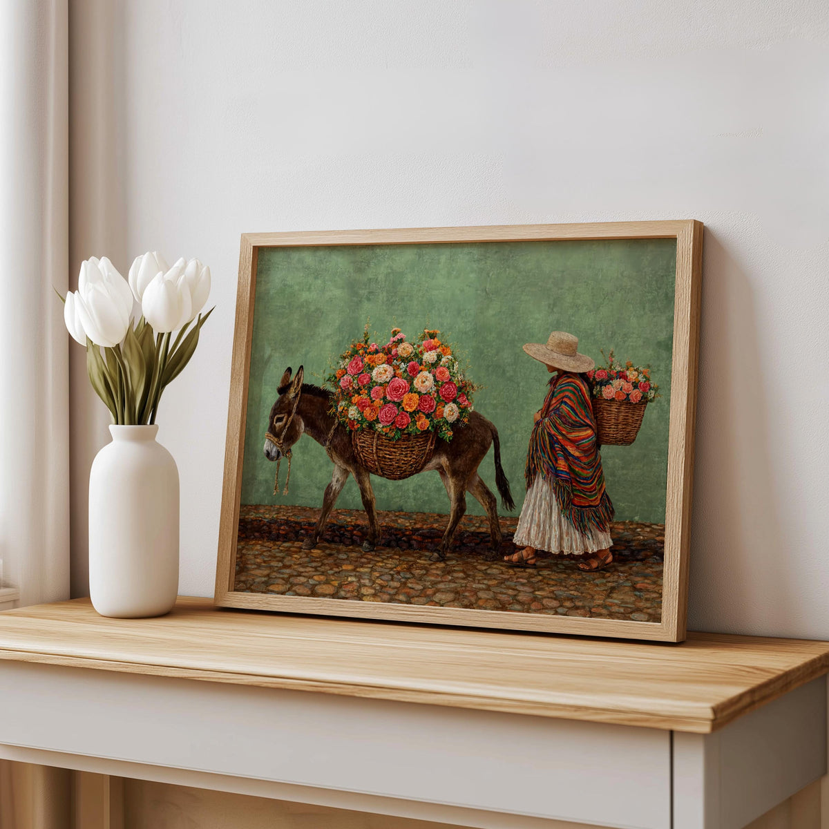 Mexican folk art print leaning on table, green distressed background, overflowing flowers, perfect mexican boho wall decor