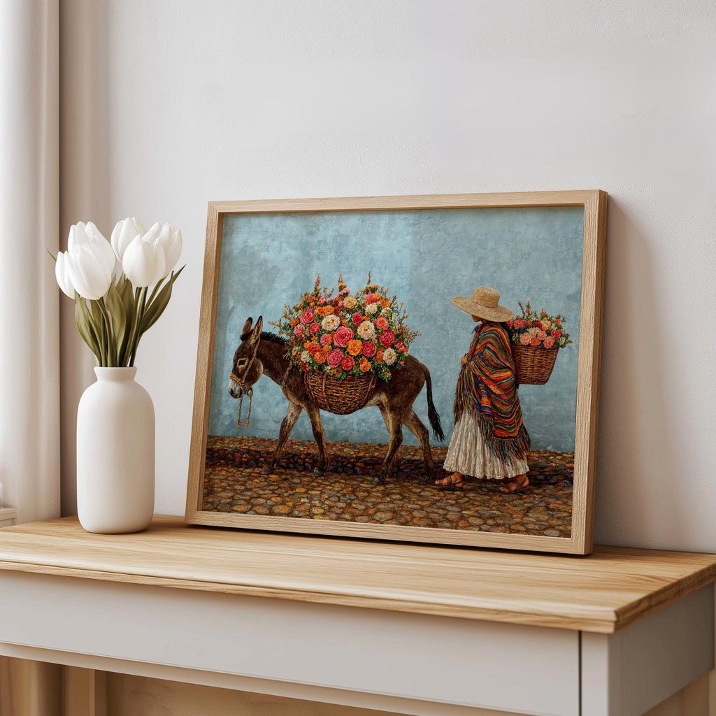Mexican folk art print leaning on console with white tulips, turquoise background, bold, textured floral mexican art print