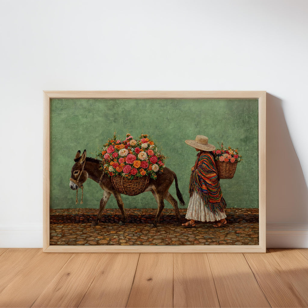 Floral mexican art print with muted green background, textured palette, folkloric market scene with donkey and vibrant blooms