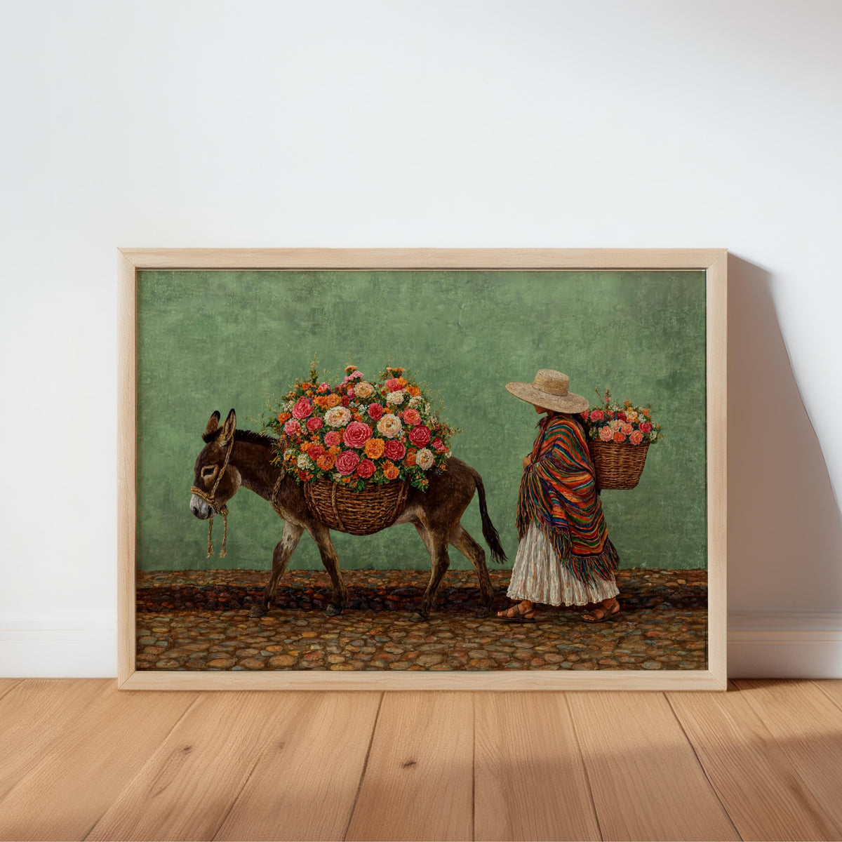 Floral mexican art print with muted green background, textured palette, folkloric market scene with donkey and vibrant blooms