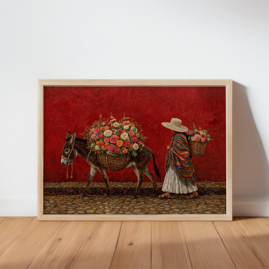 Colorful mexican wall art poster, deep red vintage background, overflowing floral load on donkey, rustic oil paint texture