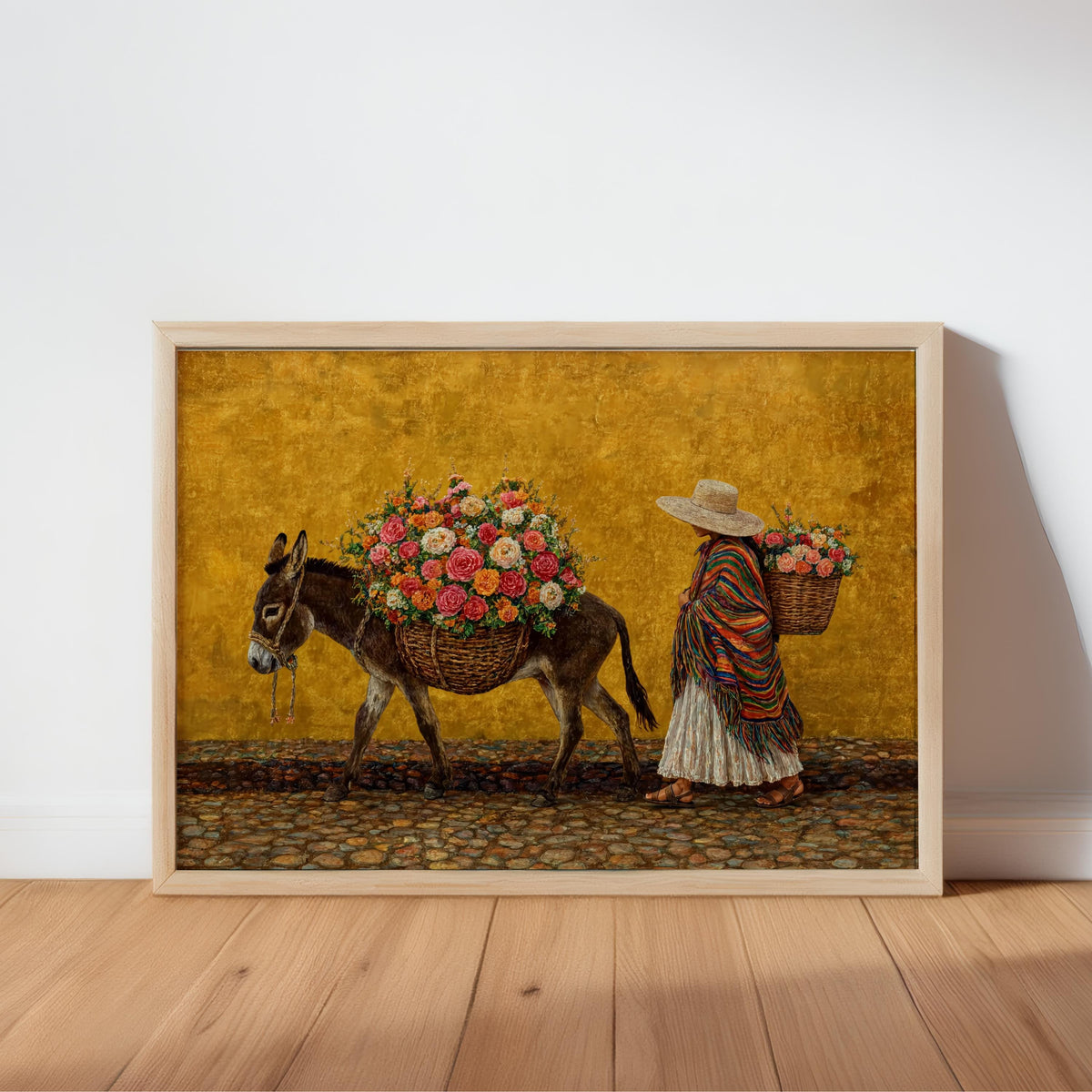 Mexican painting poster with mustard yellow background, bold saturated colors, woman walking next to a donkey loaded with flowers