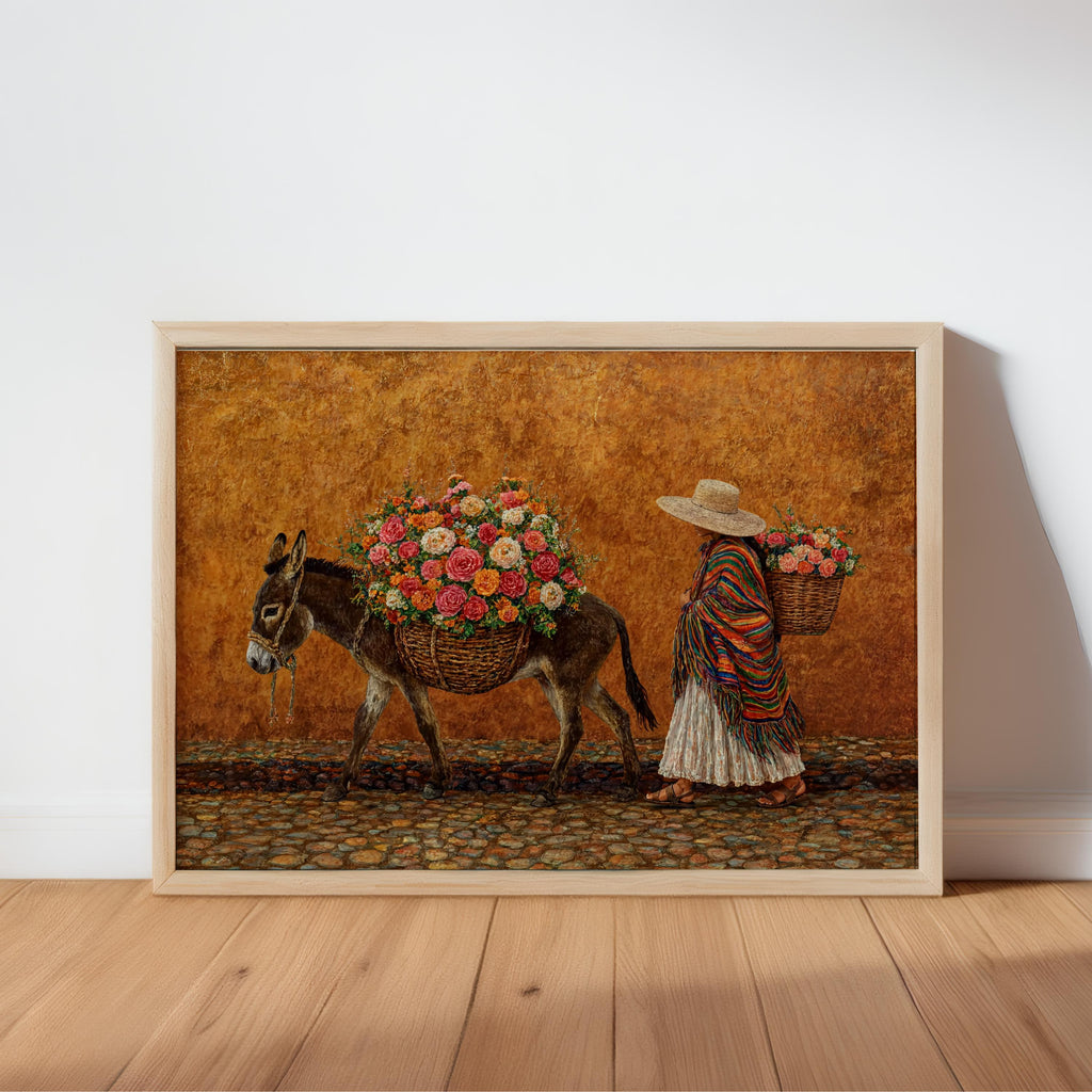 Mexican folk art print on floor, warm tan distressed backdrop, hat-wearing vendor and donkey, saturated boho palette