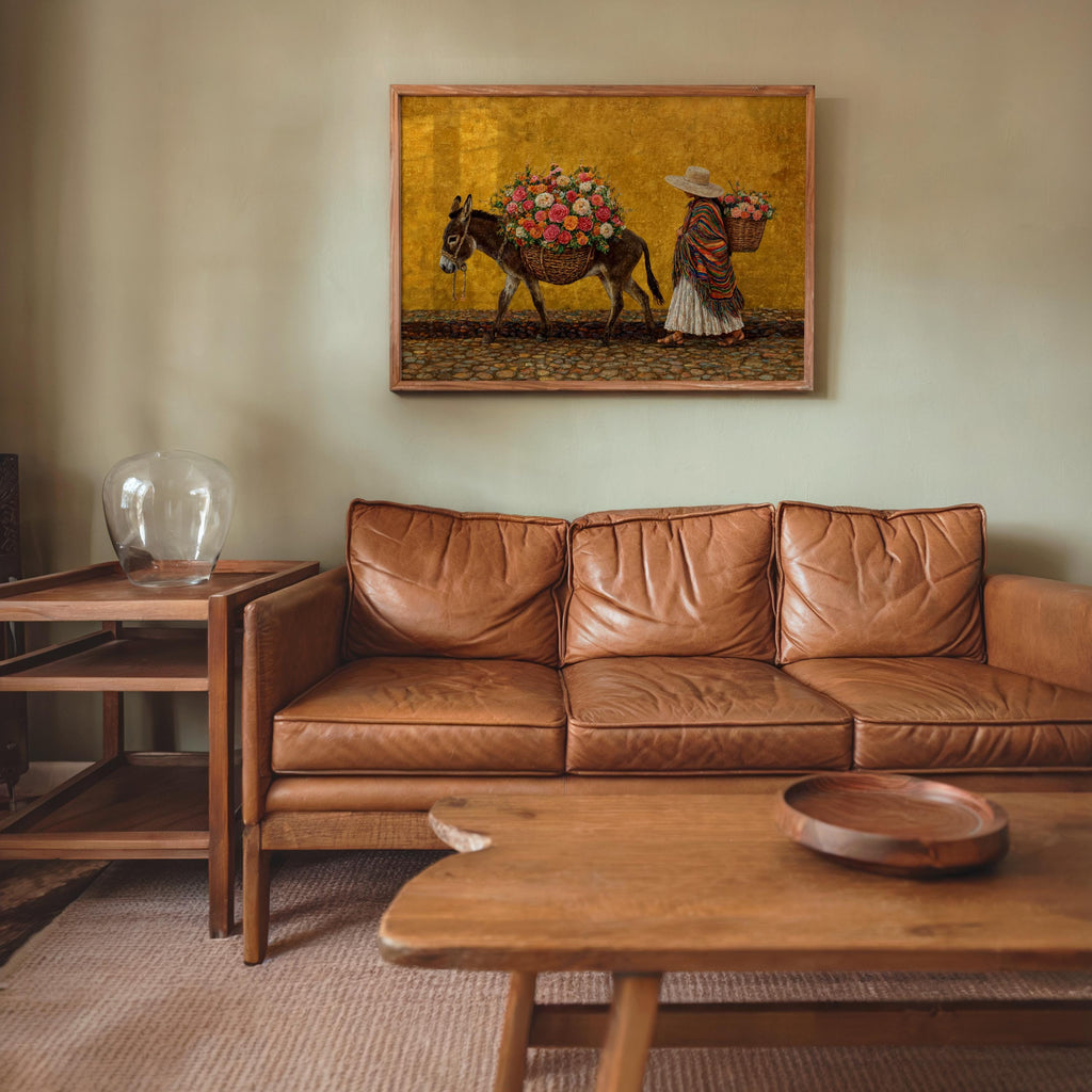 Mexico home decor above sofa, warm mustard wall art, small framed mexican folk art print with visible brushstrokes